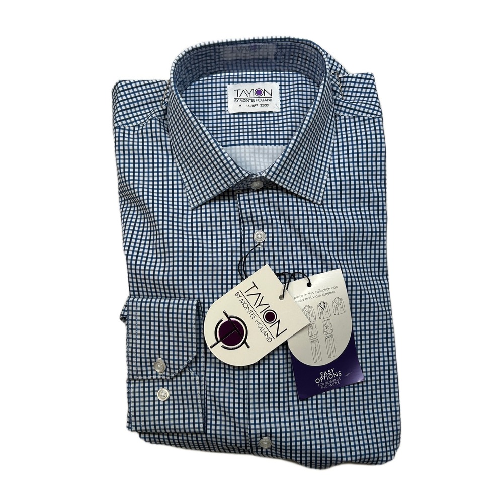 Tayion Collection Slim-Fit Check Dress Shirt Mens Medium 15-15.5 32/33 Blue NEW